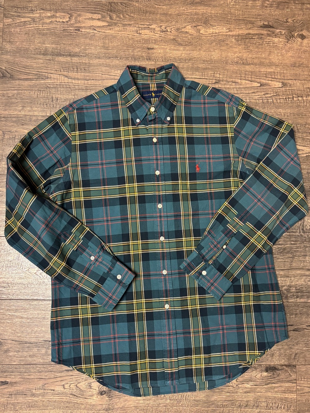Ralph Lauren Flannel Shirt L Mens Blue Green Classic Fit Pony Logo Button Up - Picture 2 of 7